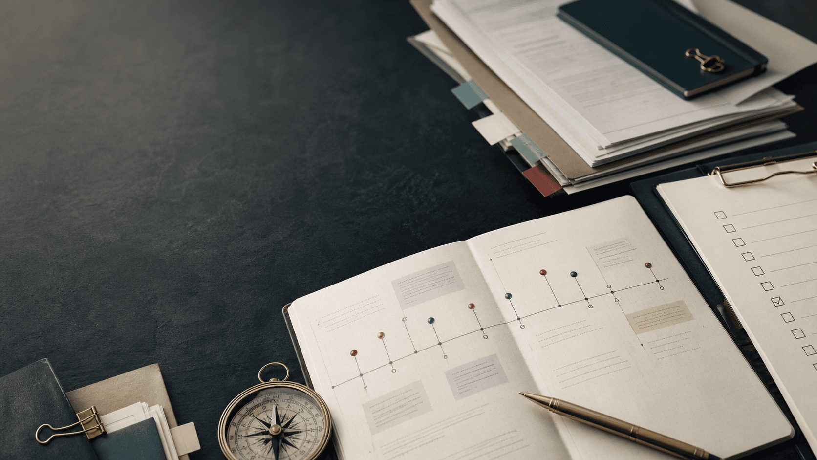 Organized workplace case timeline notes and evidence checklist on a desk